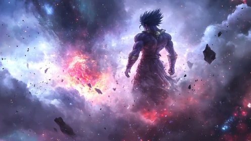 Cosmic warrior commands erupting nebula in deep space.