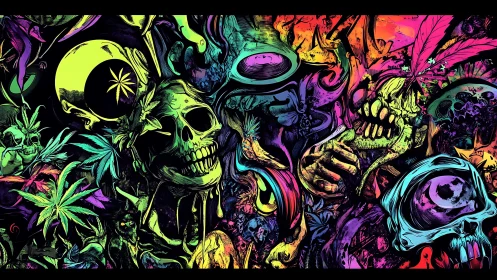 Psychedelic skull collage pulses with neon horror energy