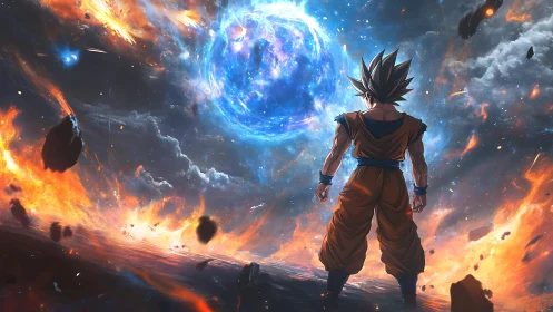 Saiyan warrior facing cosmic energy sphere in ruins.