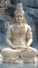 Serene ivory deity sculpture in lotus pose by reflective pool.