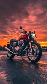 Red road motorcycle on wet asphalt under vivid sunset sky.
