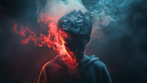 Boy silhouette framed by red blue cinematic smoke glow.