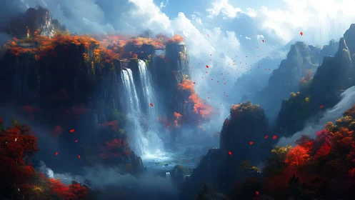 Vertical canyon waterfall framed by autumnal cliffs and drifting petals