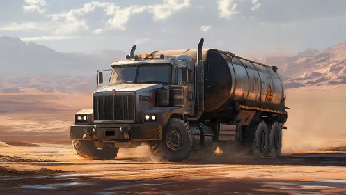 Dusty desert tanker truck rolling through glowing sands.