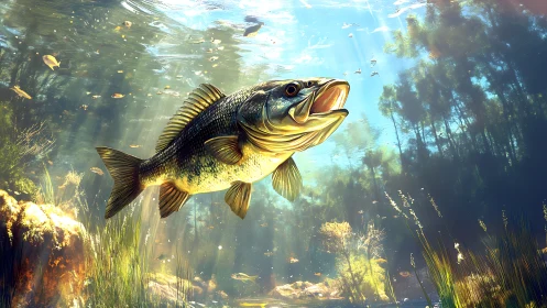 Sunlit river bass gliding through a sparkling underwater world.