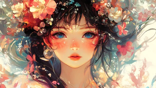 Digital portrait depicts stylized girl framed by layered flowers