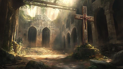 Sunlit crucifix in overgrown gothic stone cloister ruins.