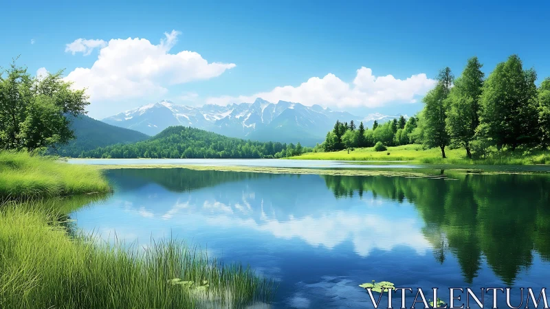 Peaceful mountain lake reflects bright skies and lush trees