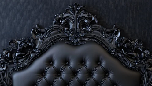 Luxurious black tufted headboard with ornate baroque detailing.