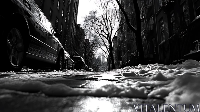 Low-angle monochrome winter streetscape with strong contrast.