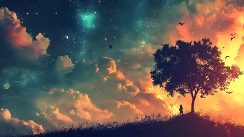 Star-swept twilight hillside where a lone dreamer waits.