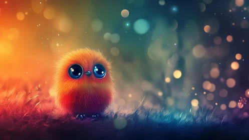 Fluffy neon chick with big eyes in glowing bokeh field.