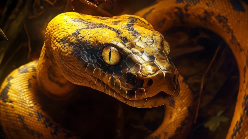Close detailed view of yellow patterned snake head in habitat.