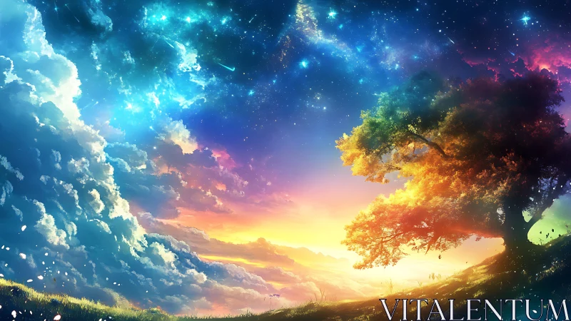 Dreamlit horizon merging cosmic sky and glowing tree.