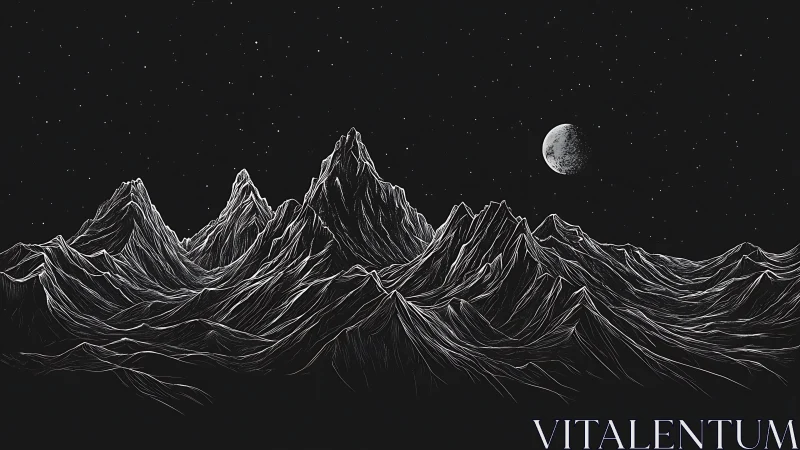 Moonlit mountain range etched against a star-filled sky.