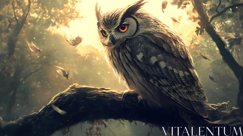 Majestic Owl on Forest Branch at Dawn, Digital Art Realism.
