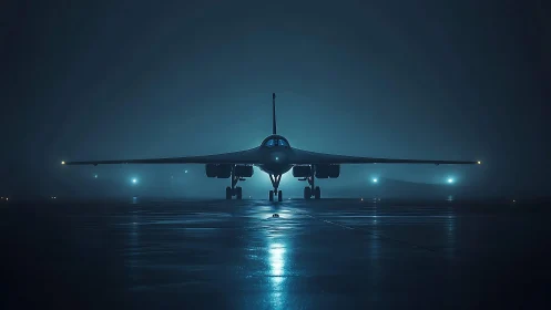 Stealth bomber dominates misty runway under cyan lights.