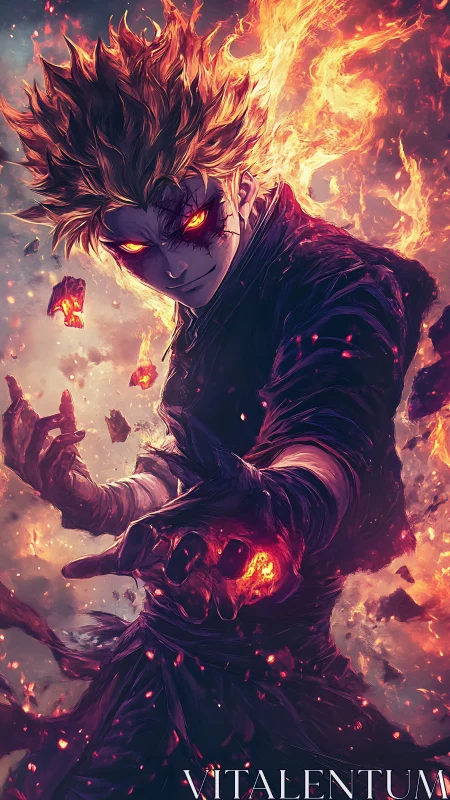 Fiery anime warrior with glowing eyes in explosive flames.