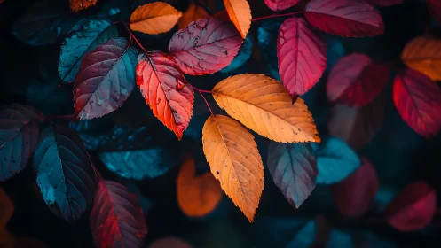 High-saturation autumn leaves display complementary color contrast