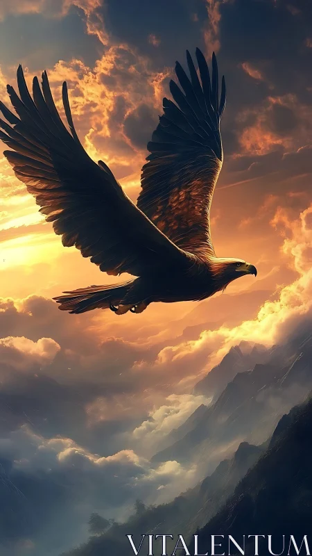 Soaring golden eagle over sunlit clouded mountainscape.