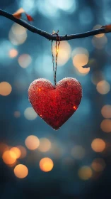 Glittering heart hangs gracefully from a moonlit branch.