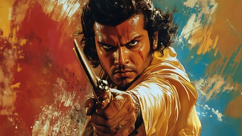 Intense gunslinger portrait with dynamic brushstroke backdrop