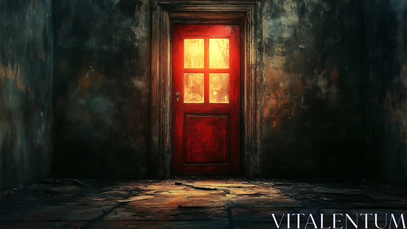 A Glowing Red Door in Darkness