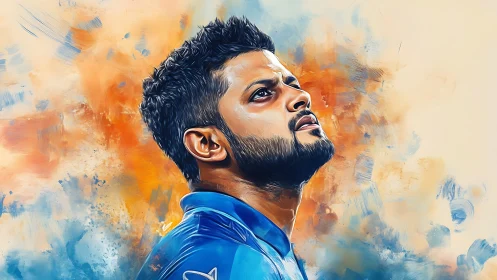 Steady cricketer gazes upward against vivid painted clouds