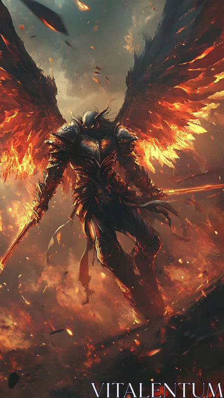 Armored winged warrior with flaming sword in firestorm.