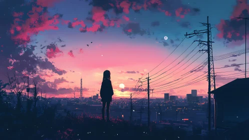 Twilight city skyline watched by lone dreamer on the hilltop.