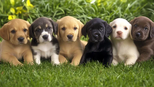 Puppy rainbow of cuddly faces resting in fresh green grass.