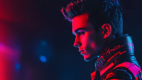 Side profile of illuminated male in neon cyber attire.