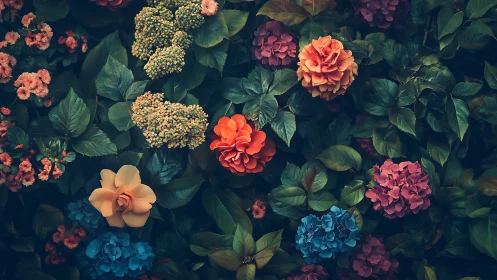 Garden's Colorful Dance: Blooms Against a Dark Canvas