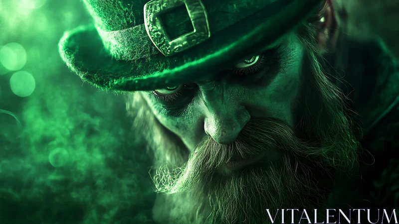 Close-up portrait shows green-lit bearded figure in hat