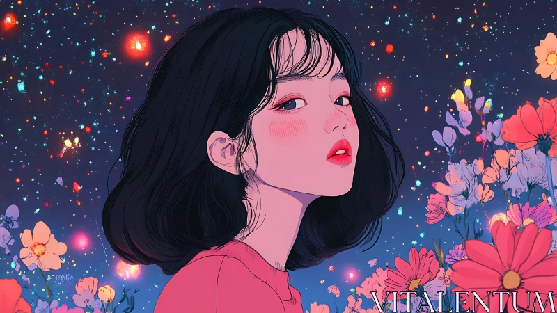Stargazing girl quietly blooms between cosmic wildflowers