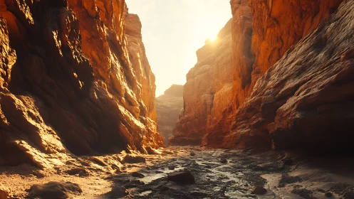 Sunlit sandstone canyon corridor with dry rocky streambed.