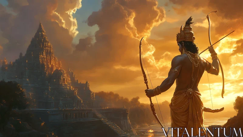 Sunlit archer prince facing luminous temple of legends.