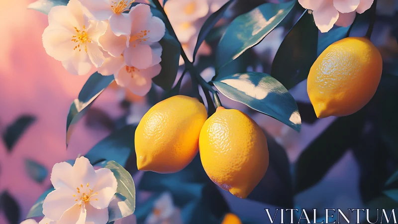 Macro study of lemon tree branch with blossoms in soft bokeh light.