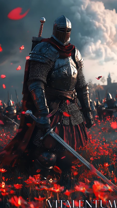 Armored crusader in poppy field under stormlit battle sky.