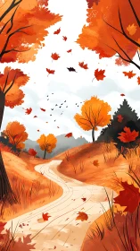 Crimson hillside path under swirling autumn foliage skies.