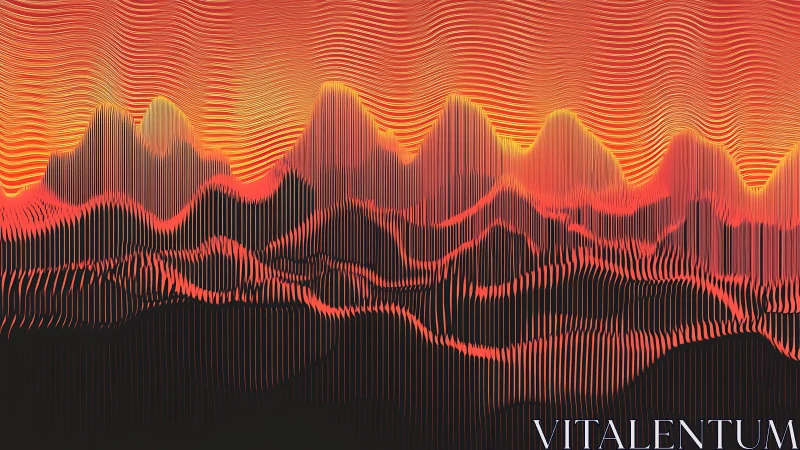 Undulating linear mountains dissolve into a radiant digital horizon