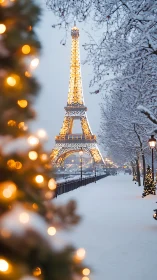 Eiffel Tower illuminated in snowy Paris winter evening scene.