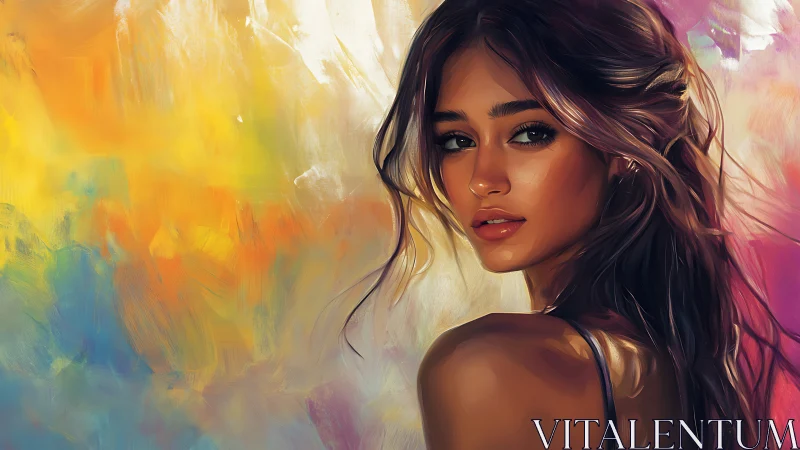 Digital painting portrait with luminous abstract color field background.