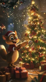 Joyful cartoon squirrel reads by a glowing Christmas tree