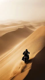 Lone rider carves wild paths across sunlit desert dunes.