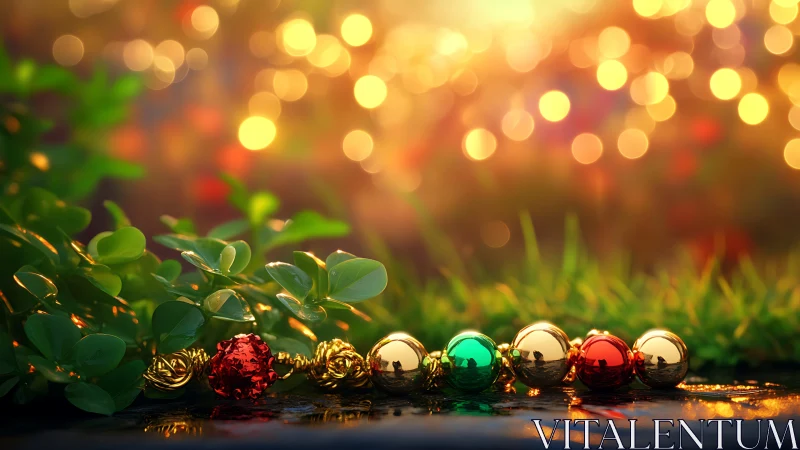 Macro holiday baubles on wet grass with warm bokeh lights