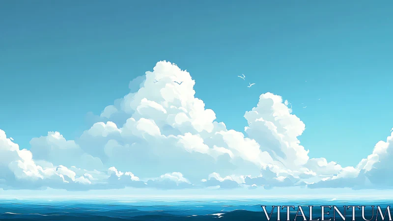 Soft cloud towers drifting above a calm blue sea.