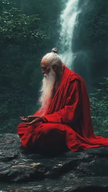 Crimson sage communes with waterfall silence in deep forest.