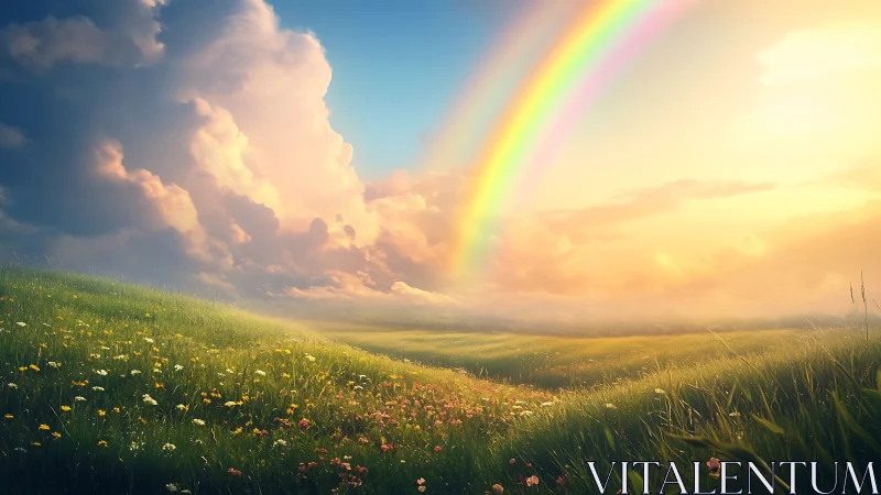 Double rainbow above sunlit wildflower meadow under storm clouds