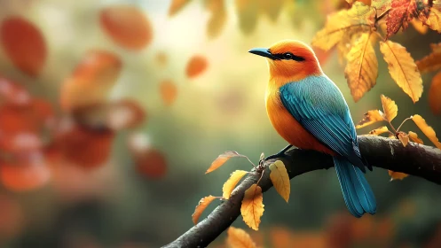 Vibrant blue and orange bird on autumn branch, realistic digital art.